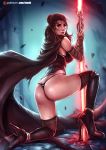  1girl ass cape female female_human high_heels human kachima lightsaber looking_at_viewer partially_clothed rey rey_(star_wars) sith_rey solo star_wars stockings thong 