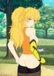  ass blonde_hair breasts looking_at_viewer necromalock prosthesis prosthetic_arm purple_eyes rwby sideboob squeezing undressing yang_xiao_long 