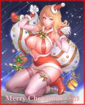  1girl 2019 big_breasts blonde_hair christmas christmas_present gloves high_heels presents purple_eyes ribbon santa_costume santa_hat smile stockings 