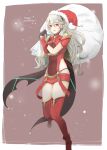 1girl armor artist_request bag blush christmas corrin_(fire_emblem) corrin_(fire_emblem)_(female) cosplay fire_emblem fire_emblem_fates hairband hat long_hair looking_at_viewer nintendo pointy_ears pyra_(cosplay) red_eyes robaco santa_hat smile white_hair xenoblade_(series) xenoblade_chronicles_2