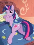  1girl anus ass bed bedroom book cutie_mark female female_only female_unicorn friendship_is_magic horn indoors looking_at_viewer lying mostly_nude my_little_pony no_panties pony pussy solo tail twilight_sparkle twilight_sparkle_(mlp) unicorn 