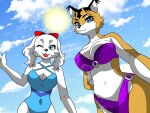  2_girls alluring anthro bikini blue_eyes dog fay_spaniel fruits fruits_(artist) furry lynx miyu_lynx nintendo star_fox star_fox_2 voluptuous 