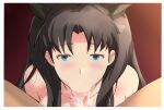  1boy 1girl :&gt;= bangs black_hair black_ribbon cafekun collarbone commentary_request eyebrows_visible_through_hair fate/stay_night fate_(series) fellatio long_hair male male/female nude oral penis pov pov_eye_contact ribbon solo_focus tohsaka_rin 
