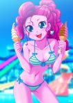  1girl bikini blue_eyes equestria_girls female friendship_is_magic ice_cream looking_at_viewer mostly_nude my_little_pony open_mouth outdoor outside panties pinkie_pie pinkie_pie_(mlp) side-tie_panties solo standing striped_bikini uotapo 