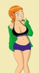 1girl ben_10 big_breasts calvin_klein cartoon_network cleavage clothed edit female green_eyes gwen_tennyson hoodie moshisan nervous open_jacket orange_hair partially_clothed scared short_hair shorts simple_background sports_bra sportswear stockings wide_hips