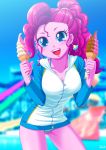  1girl blue_eyes clothed equestria_girls female friendship_is_magic ice_cream looking_at_viewer my_little_pony open_mouth outdoor outside panties pinkie_pie pinkie_pie_(mlp) solo standing striped_panties uotapo 