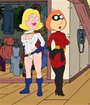  american_dad ass bodysuit boots breasts cameltoe crossover family_guy francine_smith gloves lois_griffin nipples power_girl_(cosplay) thighs 