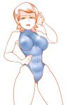  1girl 1girl 1girl ben_10 big_breasts blue_swimsuit breasts cartoon_network competition_swimsuit eye_contact green_eyes gwen_tennyson half-closed_eyes looking_at_viewer looking_down one-piece_swimsuit orange_hair p4n1 phone short_hair standing swimsuit thick_thighs thighs trembling white_background 