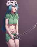 1girl 2018 bleach blue_hair digital_art female_masturbation female_only headgear high_res insertion light-skinned_female light_skin masturbation nelliel_tu_odelschwanck pussy_juice ripped_clothing shounen_jump simple_background solo_female sword sword_in_pussy wet wet_pussy zoryc