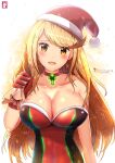 1girl alluring artist_name blonde_hair blush breasts chinchongcha christmas cleavage gloves grin hat high_res leotard long_hair looking_at_viewer mythra nintendo open_mouth sack santa_hat shiny_skin smile standing xenoblade_(series) xenoblade_chronicles_2 yellow_eyes