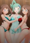  3_girls 3girls bed bedroom blue_bra blue_eyes blue_panties bra clones female_human haruka_(pokemon) haruka_(pokemon)_(remake) human lisia lisia_(pokemon) looking_at_another looking_at_each_other looking_at_viewer lutia_(pokemon) may may_(pokemon) multiple_girls nightgown panties pokemon pokemon_(anime) pokemon_(game) pokemon_omega_ruby_&amp;_alpha_sapphire pokemon_oras red_bra red_panties see-through selfcest standing yuri zel-sama 