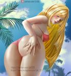 1girl ass bikini blonde_hair blush creatures_(company) female female_human female_only game_freak green_eyes hand_on_ass hand_on_own_ass human humans_of_pokemon jxh33 long_hair looking_at_viewer lusamine_(pokemon) milf mostly_nude nintendo pokemon pokemon_(anime) pokemon_(game) pokemon_sm pokemon_sun_&amp;_moon sideboob solo standing