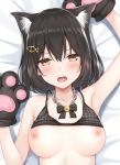  1girl areola big_breasts black_hair blush bow breasts cat chain clavicle eyebrows_visible_through_hair fangs hair_ornament hairclip jewelry karutamo looking_at_viewer lying medium_breasts necklace nipples on_back original short_hair simple_background white_background 