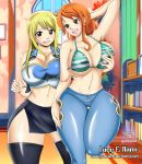  2_girls alluring big_breasts bikini bikini_top blonde_hair bluegraves boots breasts breasts_squeeze brown_eyes censored cleavage collar crossover curvy fairy_tail grope groping huge_breasts jeans legs lucy_heartfilia nami nami_(one_piece) one_piece orange_hair skirt sleeveless smile stockings thick thick_thighs thighs tubetop wide_hips yuri 