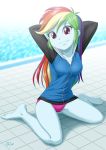 1girl equestria_girls female female_only friendship_is_magic hands_behind_head long_hair looking_at_viewer my_little_pony older older_female panties partially_clothed rainbow_dash rainbow_dash_(mlp) rainbow_hair solo uotapo young_adult young_adult_female young_adult_woman