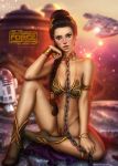 1girl ayyasap bottomless bra braid breasts chain female female_human female_only hairless_pussy human looking_at_viewer mostly_nude no_panties princess_leia_organa pussy return_of_the_jedi sitting slave_collar slave_leia solo_female star_wars
