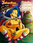  bra candy_cane christmas christmas_tree comic cover_page croc_(artist) licking looking_at_viewer marge_simpson mistletoe panties posing saliva santa_hat spanish_text spread_legs striped_legwear the_simpsons tongue tongue_out vercomicsporno 