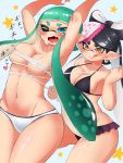 1girl 2_girls agent_3_(splatoon) arms_up big_breasts black_hair blue_eyes blush bra breast_measuring breast_press breasts callie_(splatoon) cephalopod cephalopod_humanoid cleavage duo earrings female female_only green_hair hat humanoid inkling japanese_text licking_lips marine marine_humanoid multiple_girls navel nintendo one_eye_closed open_mouth panties pengin_maru pointy_ears shiny shiny_hair shiny_skin skirt splatoon tentacle_hair text thick_thighs thighs yellow_eyes yuri