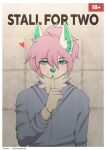  &lt;3 1girl anthro blush clothing digital_media_(artwork) furry green_ears green_eyes green_fingernails green_nose hair high_res hoodie looking_at_viewer male neck_tuft pink_hair shush simple_background strawberrypunchz tiles topwear tuft white_wall 
