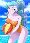  1girl ball equestria_girls female female_only friendship_is_magic long_hair looking_at_viewer mostly_nude my_little_pony one-piece_swimsuit one_eye_closed outdoor outside ponytail princess_celestia princess_celestia_(mlp) principal_celestia solo standing swimsuit uotapo 