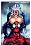  1boy 1boy1girl 1girl background big_breasts black_cat black_cat_(marvel) boob_hat breasts bust city cleavage closed_eyes diabolumberto domino_mask felicia_hardy fred_benes fur fur_trim huge_breasts human lips marvel marvel_comics mask peter_parker signature sky skyscraper spider-man spider-man_(series) superhero superheroine surprised thief tight_clothes tight_clothing voluptuous white_gloves white_hair wide_eyed 