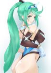  1girl 1girl alluring ass back big_breasts breasts competition_swimsuit deekei elbow_gloves from_behind frontal_wedgie gem gloves green_eyes green_hair hair_ornament headpiece high_res jewelry long_hair matching_hair/eyes nintendo one-piece_swimsuit pneuma_(xenoblade) ponytail sideboob signature smile spoilers swept_bangs swimsuit thighs tiara very_long_hair wedgie xenoblade_(series) xenoblade_chronicles_2 