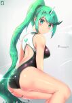 1girl alluring armor artist_logo artist_name ass back big_breasts bikini blush breasts chinchongcha female_focus glowing gradient_background green_eyes green_hair hair_ornament headpiece high_res lens_flare long_hair looking_at_viewer matching_hair/eyes nintendo one-piece_swimsuit pneuma_(xenoblade) ponytail simple_background smile spoilers swimsuit tiara xenoblade_(series) xenoblade_chronicles_2