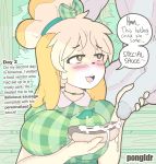  1girl 2019 animal_crossing anthro balls big_breasts blush bodily_fluids breasts canid canine canis choker clothed clothing cum cum_on_food dialogue digital_media_(artwork) domestic_dog duo english_text erection food food_play fur furry genital_fluids hair handjob humanoid_penis isabelle_(animal_crossing) jewelry male male/female mammal necklace nintendo open_mouth outside penile penis pongldr public sex shih_tzu simple_background smile solo_focus text tongue toy_dog video_games yellow_body yellow_fur 