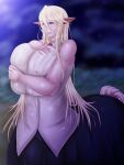blonde_hair blue_eyes blush breast_press centaur centaurea_shianus centorea_shianus d.hung gigantic_breasts monster_musume_no_iru_nichijou night