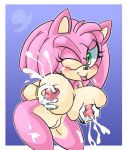  1girl amy_rose big_breasts blush breast_grab breasts female_only lactation sega self_fondle sonic_(series) tongue_out 