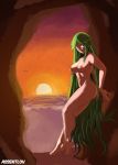  1girl alluring ass assentlov bangs beach big_breasts breasts cave clavicle completely_nude curvaceous evening feet goddess green_eyes green_hair hands_on_wall high_resolution hip_focus kid_icarus kid_icarus_uprising legs long_hair long_legs looking_at_viewer navel nintendo nude orange_sky outside palutena parted_bangs sand shade sky smile standing sunset swept_bangs tareme text_focus thick_thighs thighs toes very_long_hair watermark 