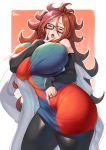  1girl android android_21 blue_eyes brown_hair clothing dragon_ball dragon_ball_fighterz female_only glasses huge_breasts hyper_breasts long_hair seductive seductive_look sexy_pose thick tongue 