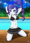  1girl black_underwear blue_eyes blush bra equestria_girls female female_only friendship_is_magic hands_behind_head kneeling long_hair looking_at_viewer mostly_nude my_little_pony on_knees outdoor outside panties purple_hair rarity rarity_(mlp) solo uotapo 