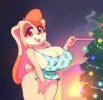  1girl anthro apron apron_only big_breasts breasts christmas christmas_tree clothing cookie food furry high_res holidays lagomorph leporid looking_at_viewer mammal mature_female mostly_nude naked_apron nitro open_mouth plate rabbit smile sonic_(series) sonic_the_hedgehog_(series) steam thick_thighs tree vanilla_the_rabbit wide_hips 