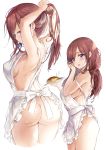  1girl apron armpits arms_up ass big_breasts blue_eyes breasts brown_hair food go-toubun_no_hanayome hadaka_apron hair_ornament hair_ribbon hair_tie_in_mouth high_resolution holding holding_plate large_ass long_hair looking_at_viewer looking_back mouth_hold multiple_views nakano_miku naked_apron omurice open_mouth plate ribbon saya_(mychristian2) simple_background tying_hair very_high_resolution white_apron white_background 