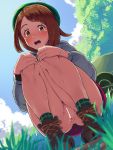  1girl ass blush boots boris_(noborhys) cameltoe censored clothed female_only gloria_(pokemon) grass hat looking_at_viewer open_mouth outside pokemon pokemon_ss pussy skirt squatting thick_thighs wet wide_hips 