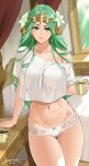 1girl arm_support bare_shoulders bed big_breasts breasts circlet crop_top cup curtains earrings female_only fire_emblem fire_emblem:_three_houses flower green_eyes green_hair hair_flower hair_ornament high_res holding holding_cup jewelry lace long_hair nail_polish navel nintendo off_shoulder panties parted_lips pillow rhea_(fire_emblem) see-through sendrawz shirt short_sleeves solo_female standing stomach table thick_thighs thighs underwear white_nails white_panties white_shirt window