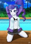  1girl black_underwear blue_eyes blush bra equestria_girls female female_only friendship_is_magic hands_behind_head kneeling long_hair looking_at_viewer my_little_pony on_knees outdoor outside panties partially_clothed purple_hair rarity rarity_(mlp) solo uotapo 