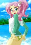  1girl ass blush equestria_girls female female_only fluttershy fluttershy_(mlp) friendship_is_magic long_hair looking_at_viewer my_little_pony outdoor outside panties partially_clothed solo standing uotapo 