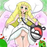  1girl assisted_exposure bag blonde_hair caterpie clothed dress dress_lift female female_human green_eyes hairless_pussy hat human lillie lillie_(pokemon) long_hair no_panties pokemon pussy standing 