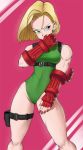  android_18 blonde_hair cammy_white_(cosplay) cosplay dragon_ball_super dragon_ball_z green_leotard leotard nail_polish pose red_background street_fighter strong 