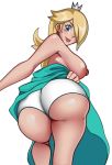  1girl ass breast crown dress dress_lift earrings female female_only hair_over_one_eye kernelsink long_hair looking_at_viewer no_bra panties partially_clothed presenting_hindquarters princess_rosalina rosalina royalty sideboob solo standing super_mario_bros. topless white_background 