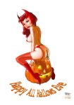  1girl ass boots female female_only garter_belt high_heel_boots jack-o&#039;-lantern looking_at_viewer marvel mostly_nude no_bra no_panties pumpkin pussy_juice red_boots scarlet_witch sideboob solo stockings vaginal_juices wanda_maximoff white_background 