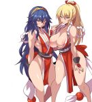  2girls alternate_costume big_breasts blonde_hair blue_hair blush breast_grab cosplay edit embarrassed fire_emblem impossible_clothes japanese_clothes king_of_fighters long_hair lucina mai_shiranui mai_shiranui_(cosplay) metroid nintendo revealing_clothes samus_aran small_breasts 