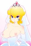  1_girl 1girl big_breasts blonde_hair blue_eyes breasts bridal_veil bride clothed dress earrings exposed_breasts female female_only gloves long_gloves looking_at_viewer nintendo princess_peach solo solo_female super_mario_bros. wedding_dress white_gloves 