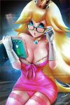  1girl big_breasts blonde_hair blue_eyes breasts cleavage clothed crown customwaifus female female_only glasses gloves long_hair looking_at_viewer nintendo panties princess_peach sitting solo solo_female stockings super_mario_bros. 