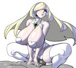  1boy 1girl blonde_hair breasts bulge game_freak girl_on_top hair_over_one_eye heart heart_pasties huge_breasts lipstick long_hair lusamine makeup maniacpaint mature milf nintendo nipples open_mouth pasties penis pokemon pokemon_sm pussy simple_background stockings thong 