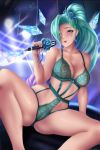  axlone blue_eyes blush hair_ornament league_of_legends microphone seraphine_(league_of_legends) teal_hair teal_lingerie 