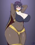  1girl 1girl alternate_costume armpits big_breasts blush breasts cosplay embarrassed fire_emblem game_freak hex_maniac impossible_clothes long_hair nintendo pokemon purple_hair revealing_clothes tharja 