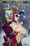  1boy 1boy1girl 1girl almostheroesart areola areolae arthur_fleck batman_(series) big_breasts breasts clown clown_makeup comic comic_cover crossover dc_comics exposed exposed_breasts finger_licking flim green_hair grin harleen_quinzel harley_quinn huge_breasts human hyper_breasts joaquin_phoenix licking_finger lips lipstick looking_at_partner looking_at_viewer makeup mask movie navel nipples red_lips red_lipstick seductive seductive_look smile the_joker traditional_media_(artwork) voluptuous watermark 